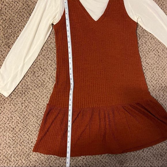 Long Sleeved Layered Dress Autumn Copper Brown and Cream Colored Undershirt - Picture 5 of 9